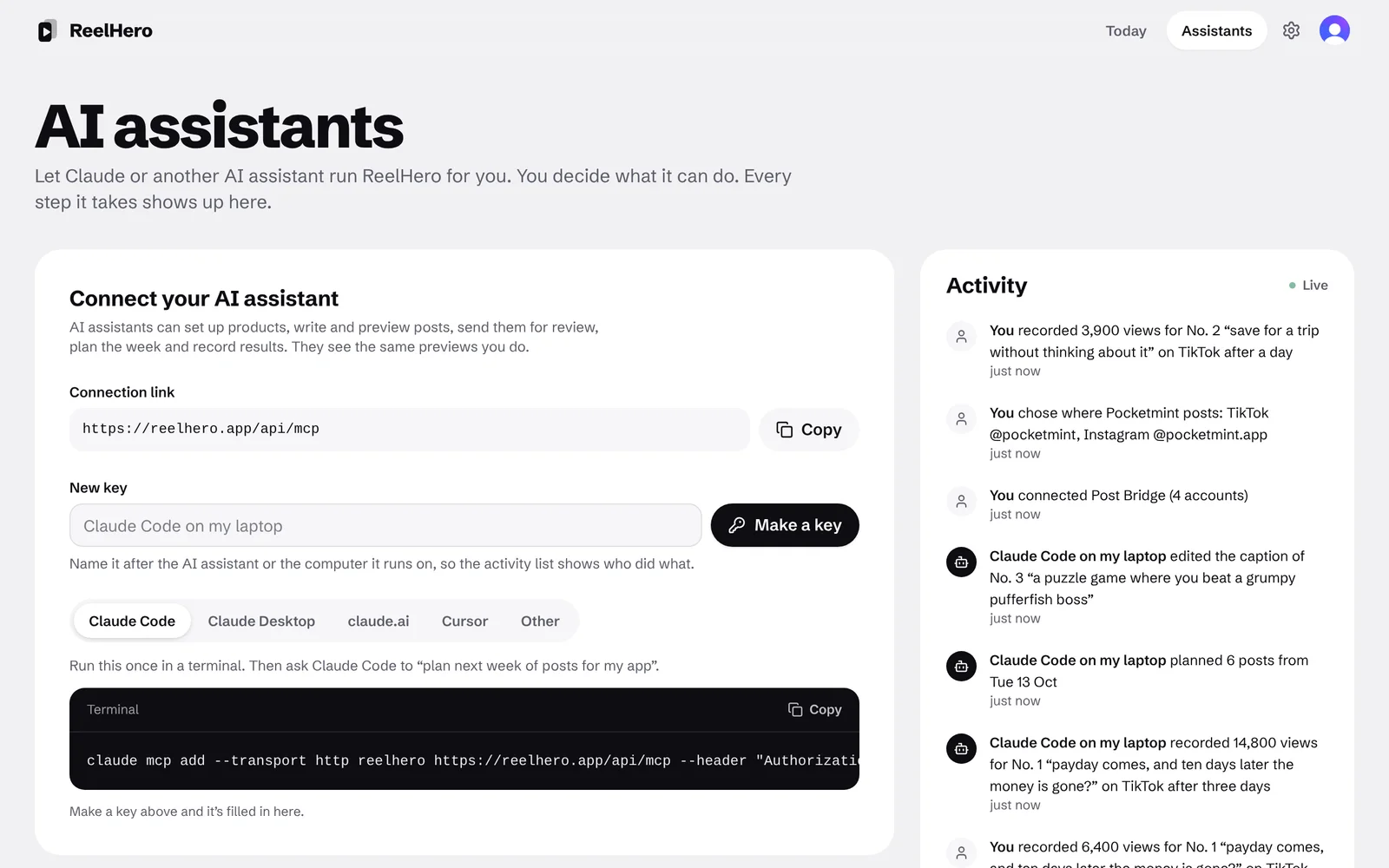 The AI assistants page: how to connect Claude, and what assistants have done lately.