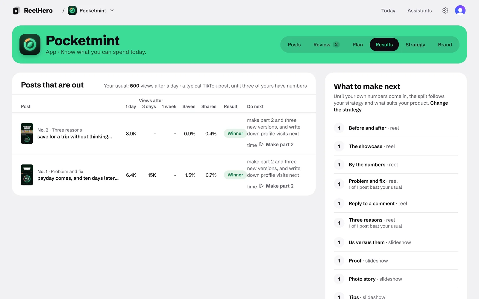 The results screen: posts that are out, their views and how each kind of post is doing.