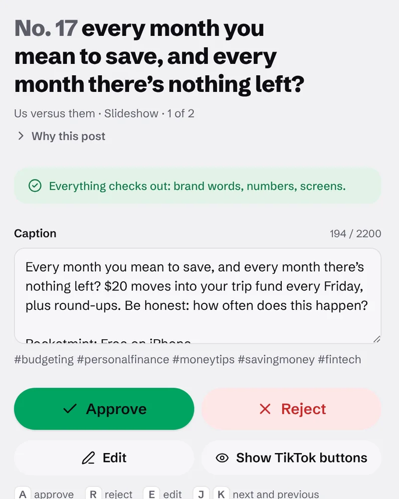 A post under review: its checks, its caption, and Approve and Reject buttons.